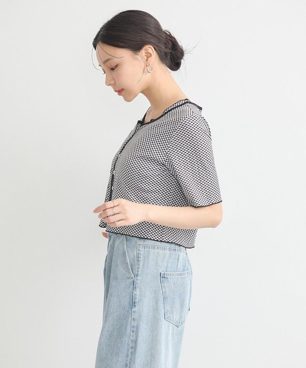 earth music&ecology ＳＥＴ２点ギンガムメロ－カーデ＋リボンタンク Black