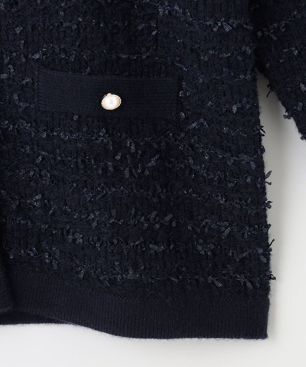 ANY SIS L 【洗える】ノーカラーツイードニット カーディガン ネイビー