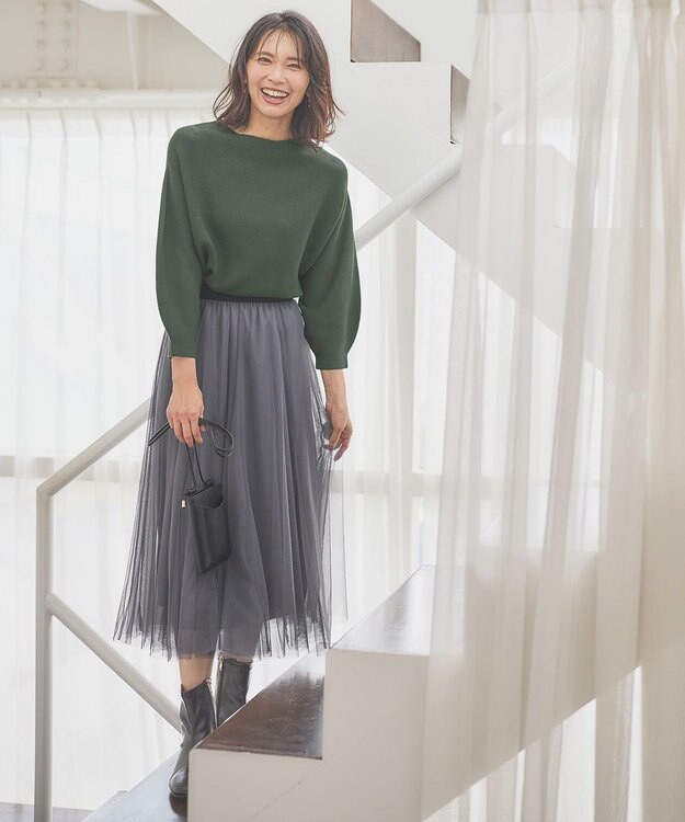 ANY 【洗濯機可】パフスリーブガーターニット モスグリーン