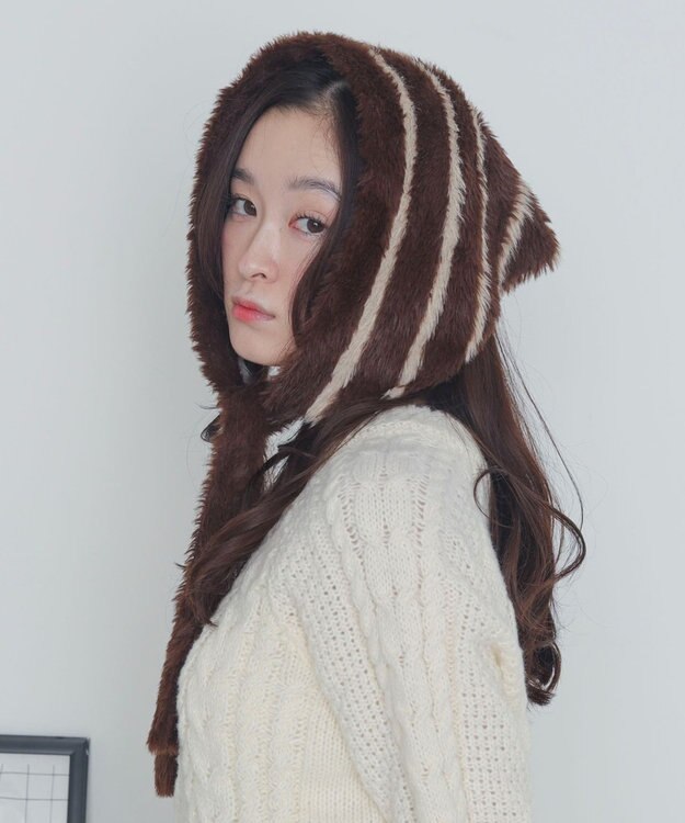 WEGO ボーダーニットバブーシュカ ブラウン