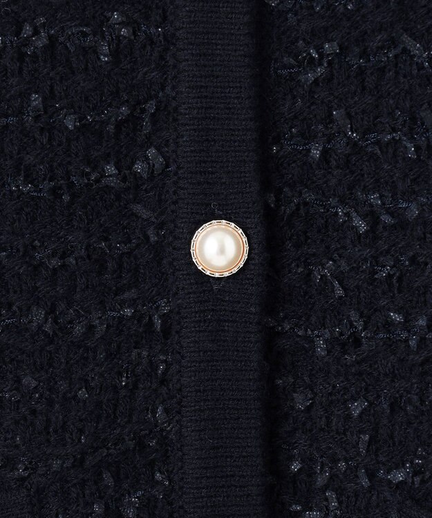 ANY SIS 【洗える】ノーカラーツイードニット カーディガン ネイビー