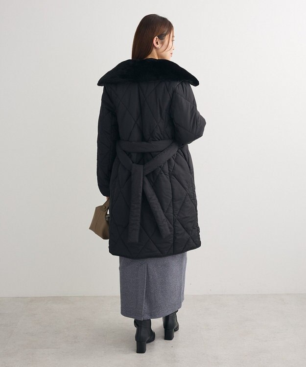 Green Parks ファー衿ダイヤキルト中綿コート Black