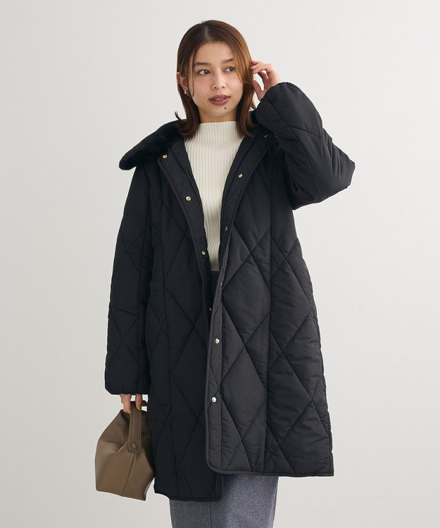 Green Parks ファー衿ダイヤキルト中綿コート Black