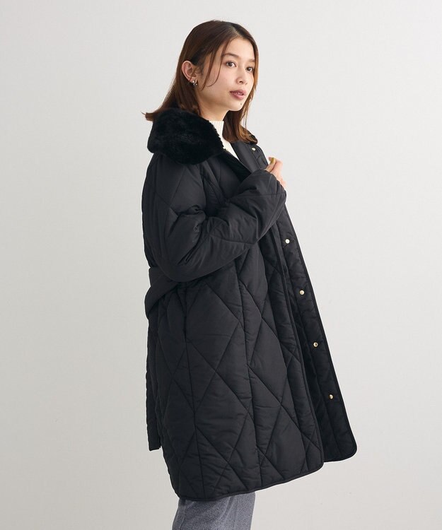 Green Parks ファー衿ダイヤキルト中綿コート Black