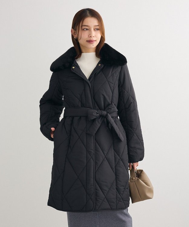 Green Parks ファー衿ダイヤキルト中綿コート Black
