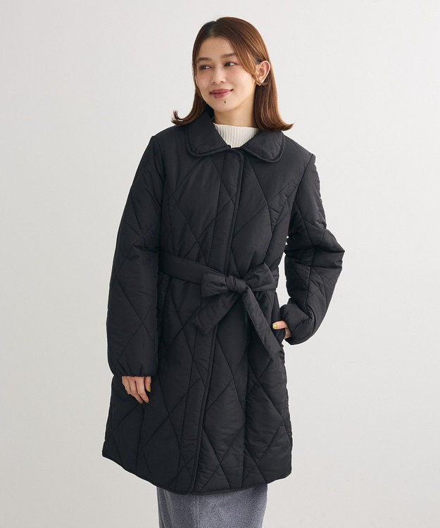 Green Parks ファー衿ダイヤキルト中綿コート Black