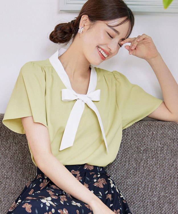 Tiaclasse 【洗える】配色リボンタイブラウス ライム