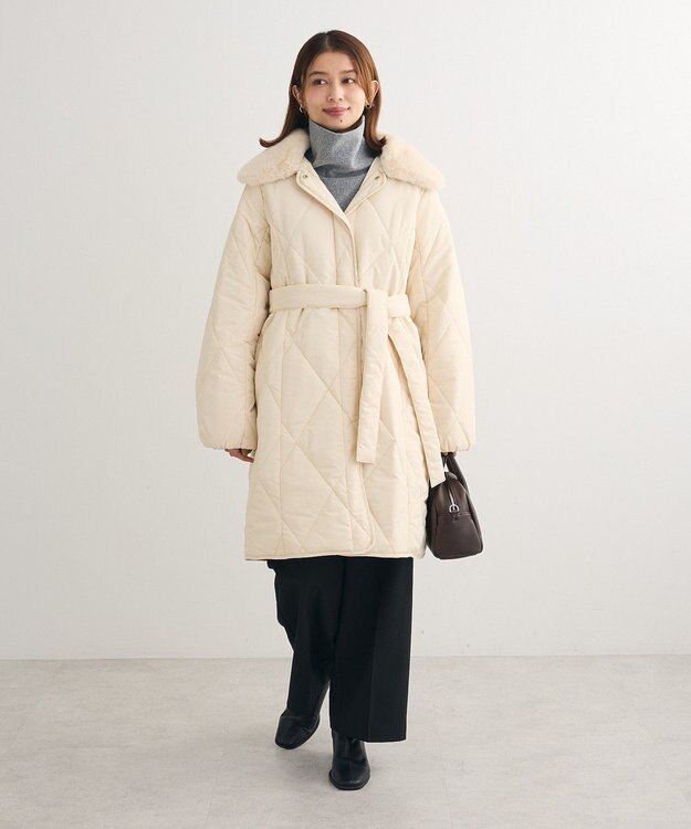 Green Parks ファー衿ダイヤキルト中綿コート Ecru