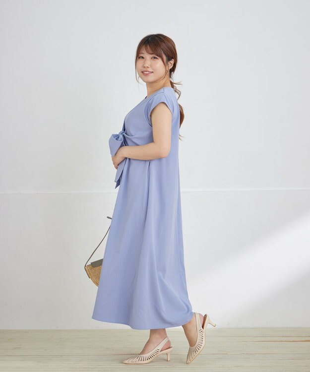 Tiaclasse L 【2WAY・洗える】ウエストリボンフレンチスリーブマキシワンピース ブルー