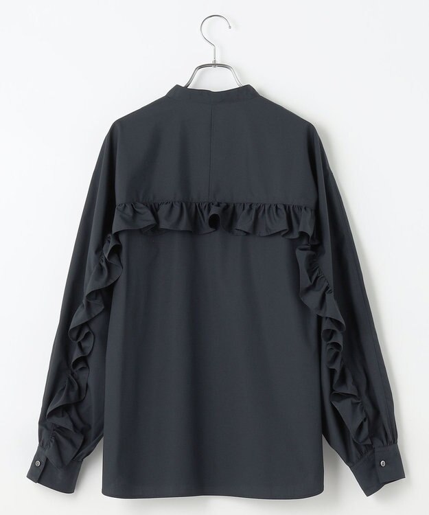 #Newans 【シワになりにくい/洗濯機可能】ラウンドフリルバンドカラーシャツ ネイビー