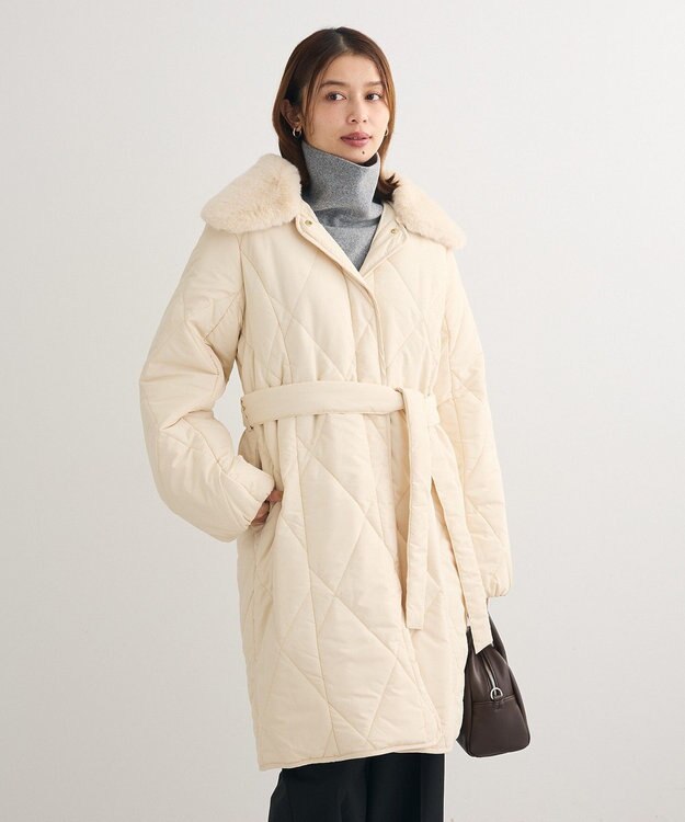 Green Parks ファー衿ダイヤキルト中綿コート Ecru