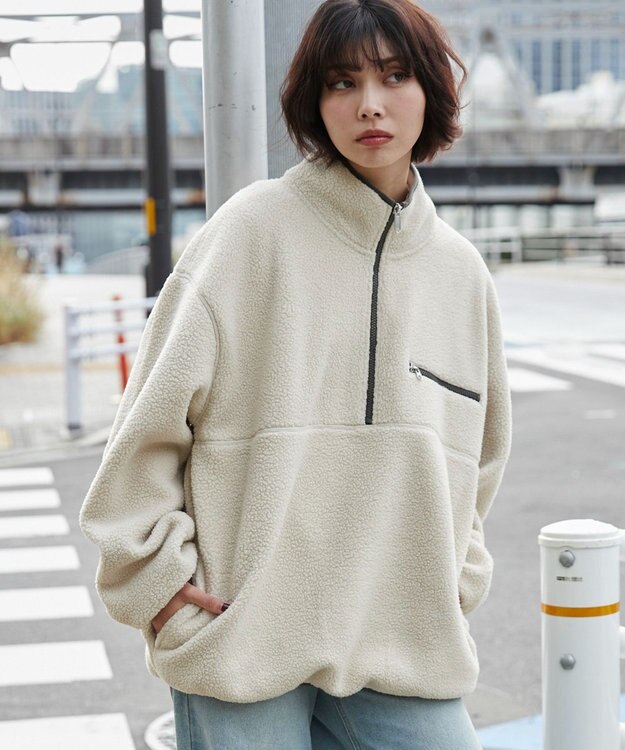 WEGO 【ユニセックス着用】フリース　ハーフZIPプルオーバー ライトベージュ