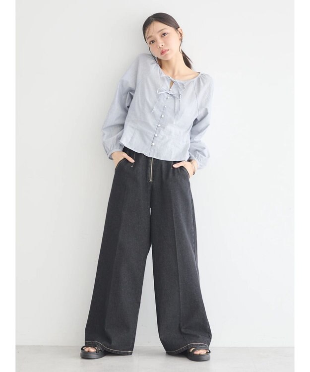 earth music&ecology フロントリボンブラウス Stripe Navy