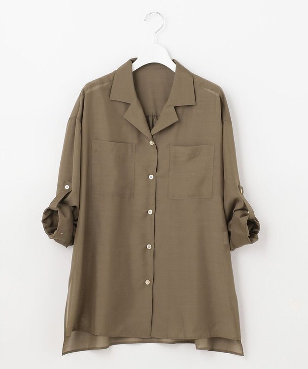 自由区 【洗える/シワになりにくい】オープンカラー シアーブラウス ブラウン系