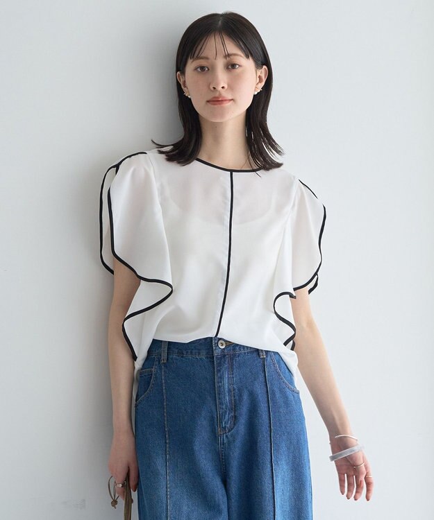 YECCA VECCA 配色ラッフルスリーブブラウス Off White