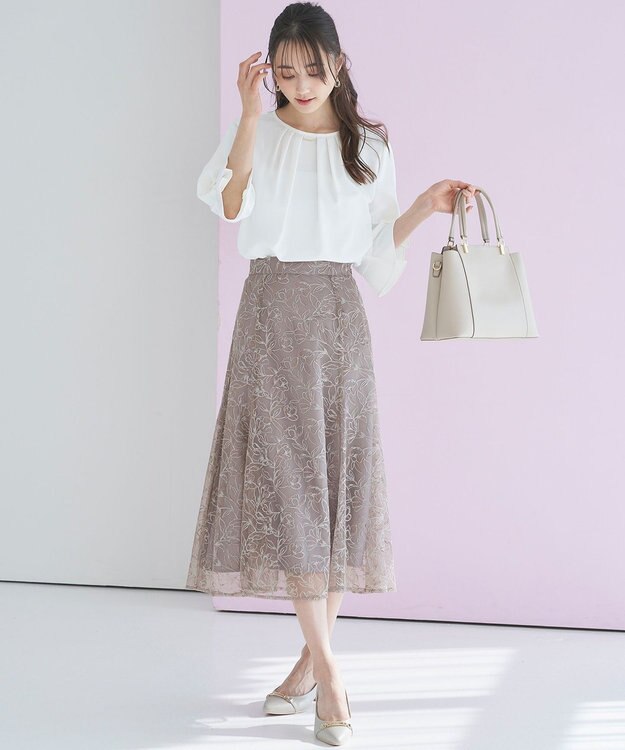 ANY SIS 【洗える】ラインフラワーエンブロイダリー スカート ローズグレー系