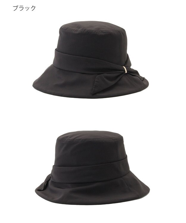 MOONBAT 【遮光100％・遮熱】FURLA(フルラ)リボン巻きダウン ハット 帽子 ロゴチャーム サイズ調整 撥水性 ブラック