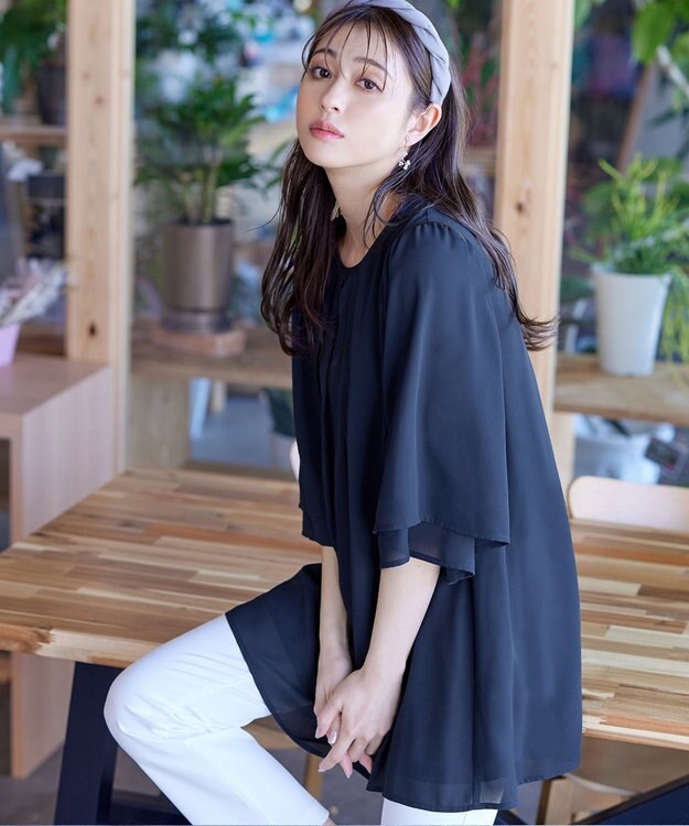 Tiaclasse 【洗える】レイヤードスリーブシフォンチュニック ネイビー