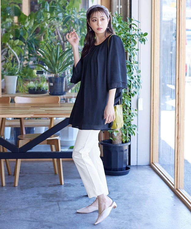 Tiaclasse L 【洗える】レイヤードスリーブシフォンチュニック ネイビー