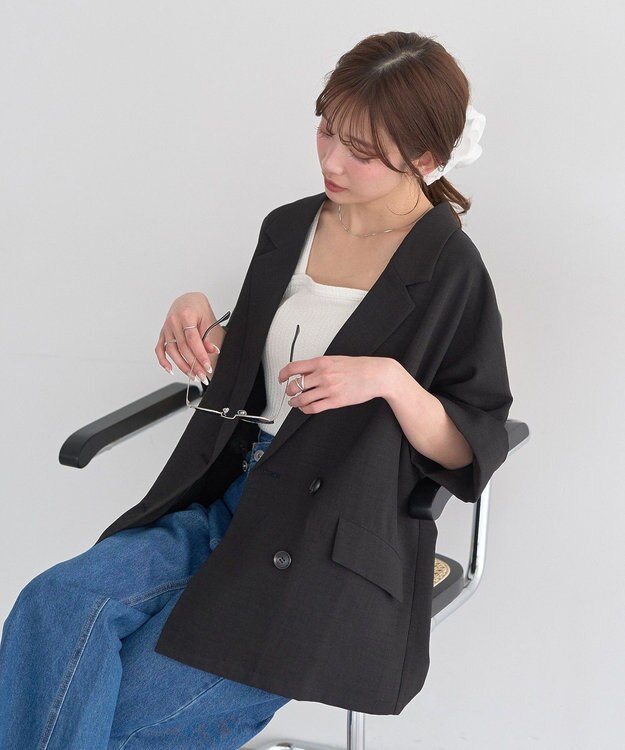 earth music&ecology 【セットアップ対応】リネンライクダブルジャケット Black