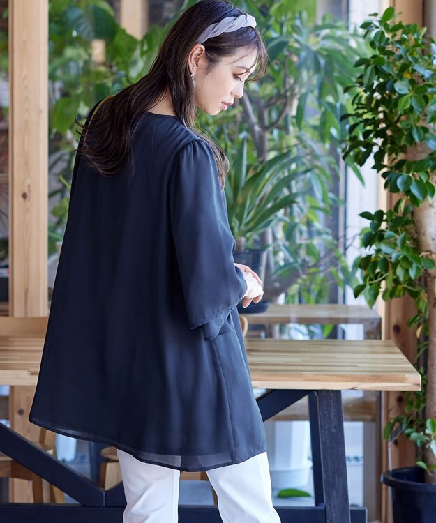 Tiaclasse 【洗える】レイヤードスリーブシフォンチュニック ネイビー