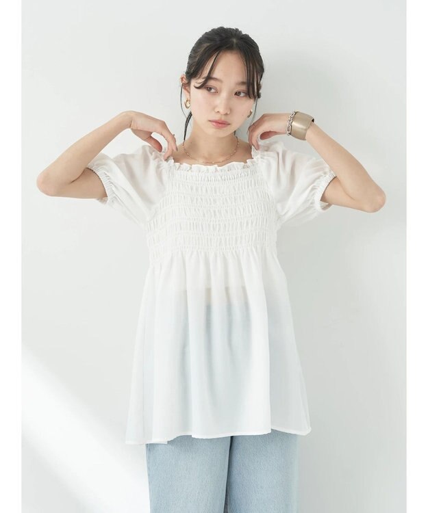 earth music&ecology ２ｗａｙショルダーシャーリングチュニック Off White