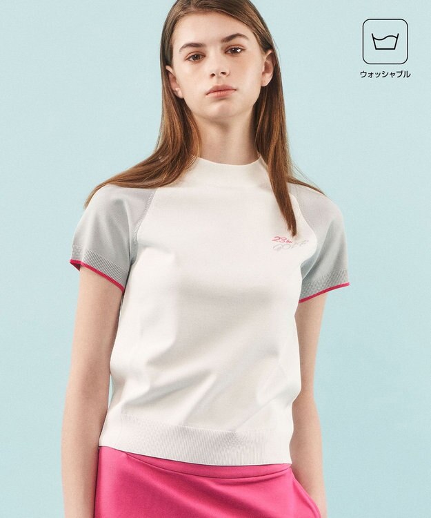 23区GOLF 【WOMEN】【ウォッシャブル】バイカラー モックネック ニット ホワイト系
