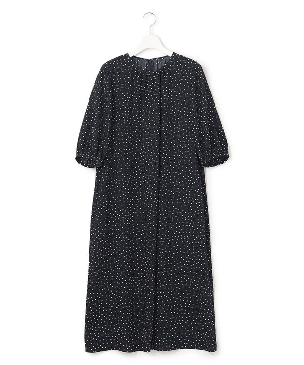 23区 【洗える】バックサテンアムンゼン ドットプリント ワンピース ネイビー×ホワイトドット