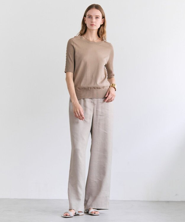 BEIGE， JULIE / コットンシルク 2WAY半袖ニット Ecru×Taupe