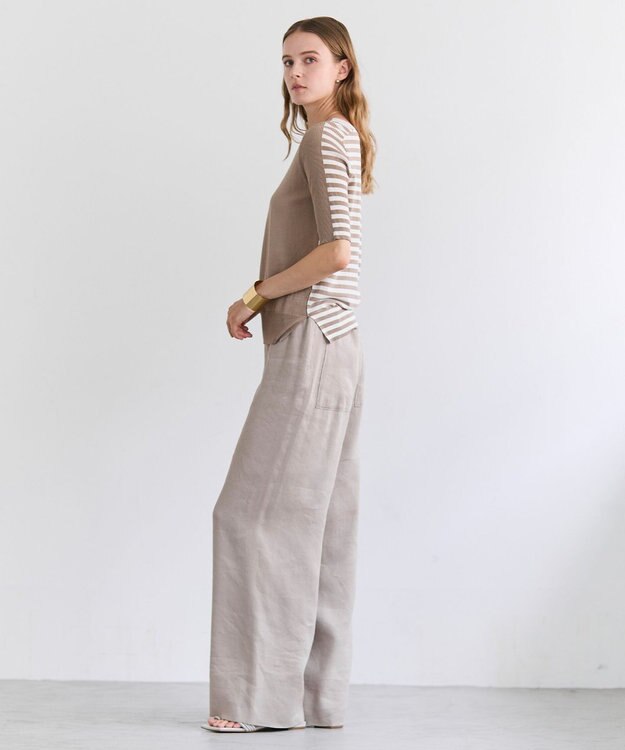 BEIGE， JULIE / コットンシルク 2WAY半袖ニット Ecru×Taupe