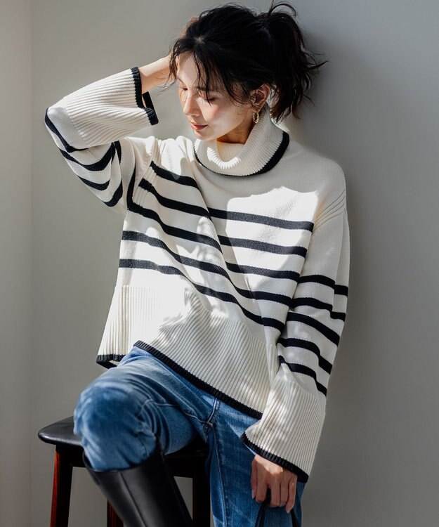 23区 【洗える】ウールミドルゲージ ボーダー ニット オフ×ブラックボーダー