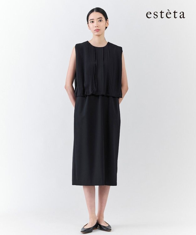 23区 【エステータ】ウールトロドライストレッチ プリーツコンビ ワンピース ブラック