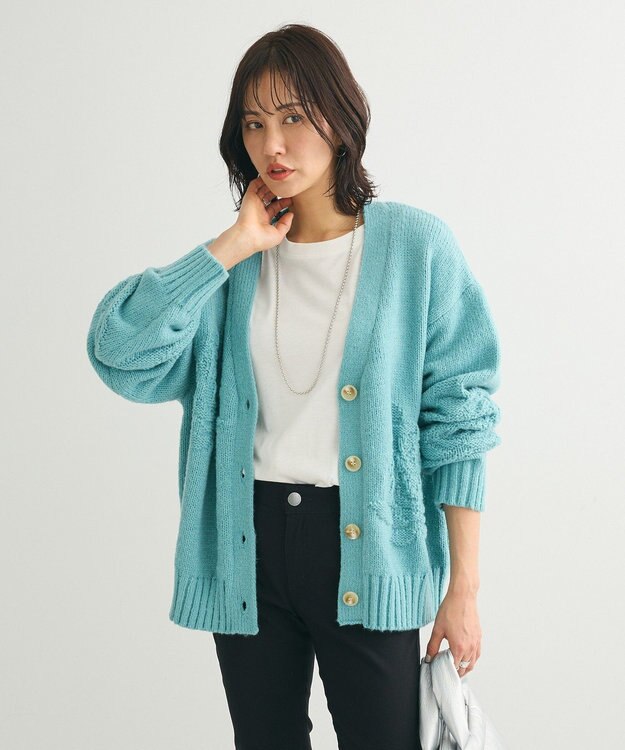 Green Parks ・ｓｗｉｎｇ　ｂｙ　バラ柄ニットカーディガン Turquoise Blue