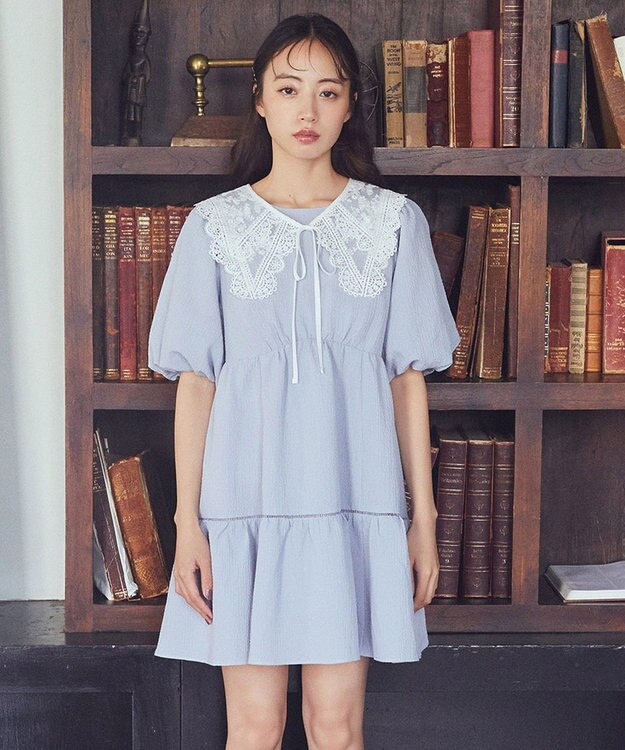 earth music&ecology バックリボンパフスリーブミニワンピース Grayish Blue