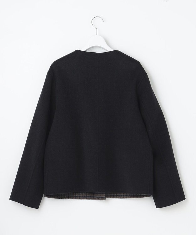 J.PRESS LADIES S 【リバーシブル】ウールナイロン リバーチェック ノーカラー ショートコート ネイビー系