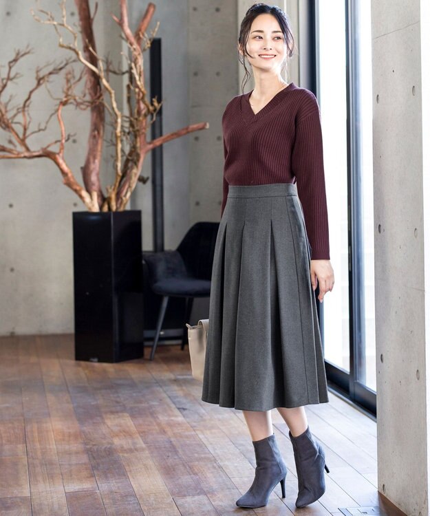 Tiaclasse L 【洗える】大人上品なウール調タックフレアスカート チャコールグレー