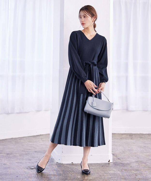 Tiaclasse 【洗える】レース編みニットフレアワンピース ネイビー