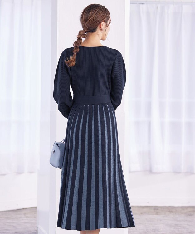 Tiaclasse 【洗える】レース編みニットフレアワンピース ネイビー