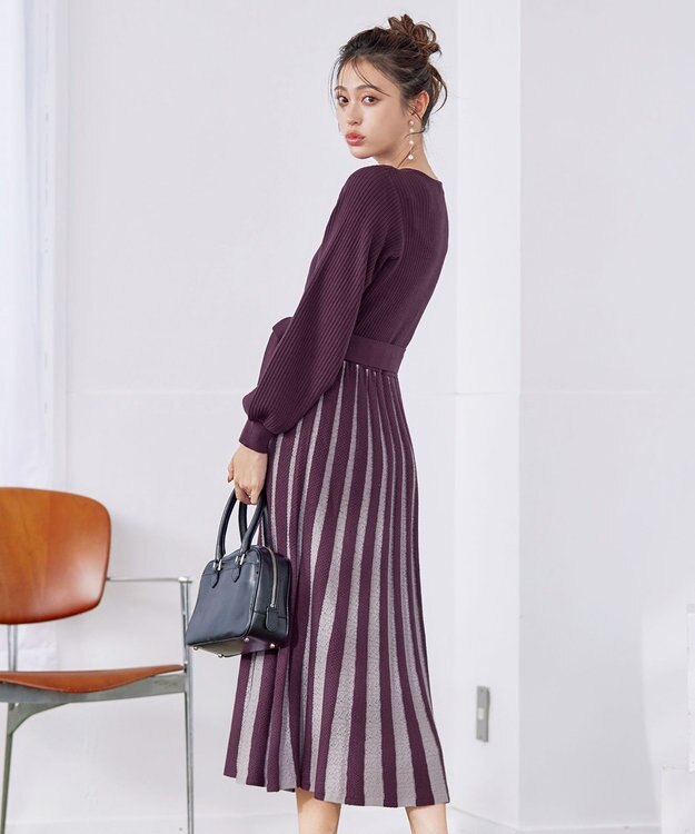 Tiaclasse 【洗える】レース編みニットフレアワンピース パープル