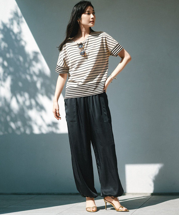 23区 【洗える】ランダムボーダー ドルマン カットソー サンド×ブラックボーダー