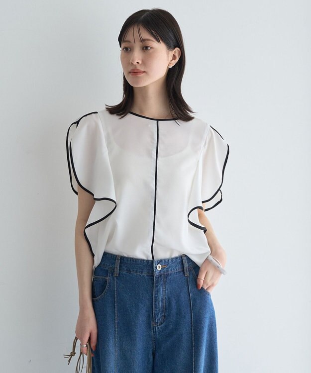 YECCA VECCA 配色ラッフルスリーブブラウス Off White