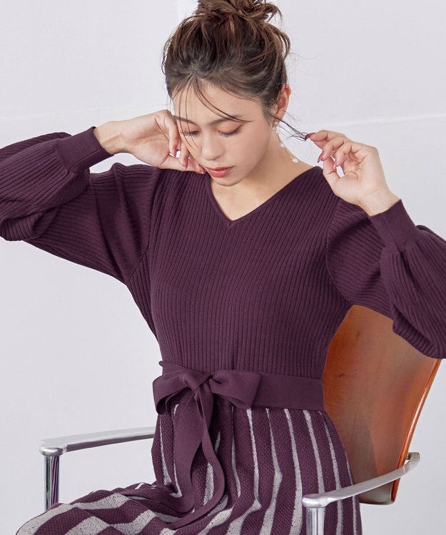 Tiaclasse 【洗える】レース編みニットフレアワンピース パープル