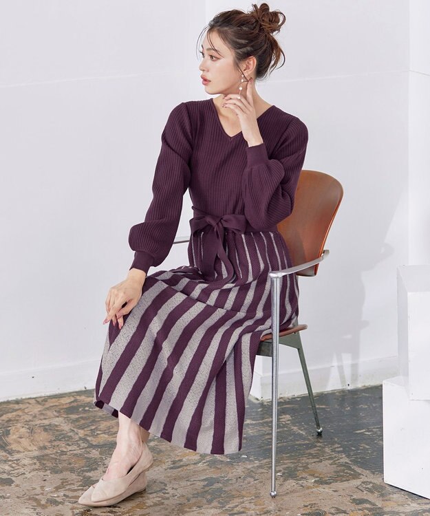 Tiaclasse 【洗える】レース編みニットフレアワンピース パープル