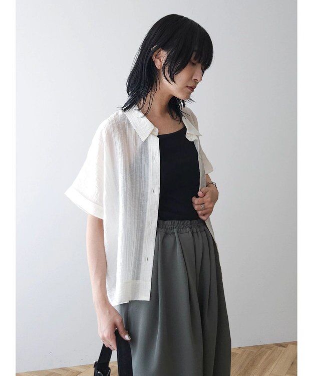 Green Parks シアーストライプショート丈シャツ Off White