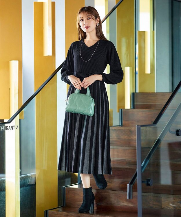 Tiaclasse 【洗える】レース編みニットフレアワンピース ブラック