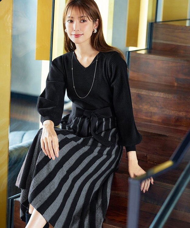 Tiaclasse 【洗える】レース編みニットフレアワンピース ブラック