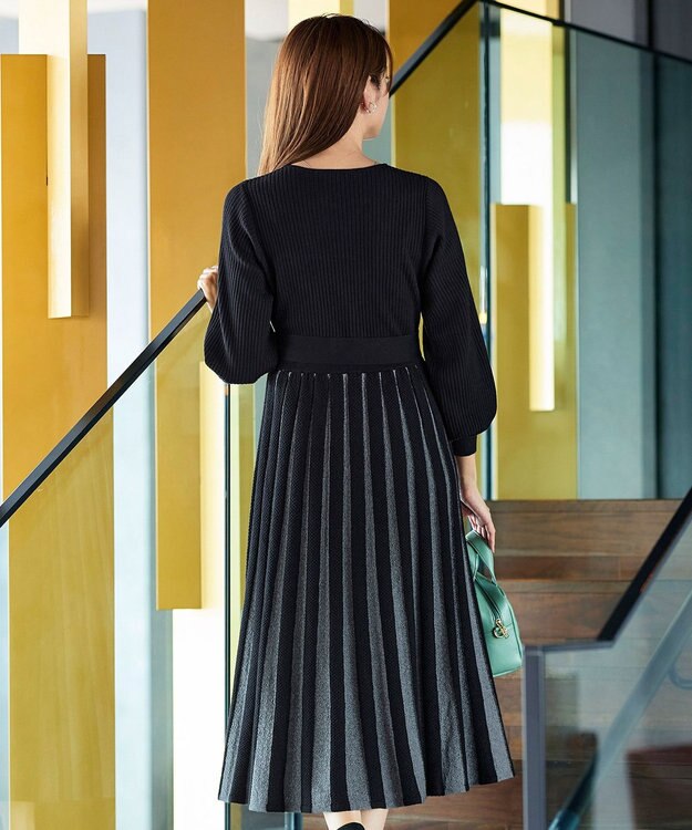 Tiaclasse 【洗える】レース編みニットフレアワンピース ブラック