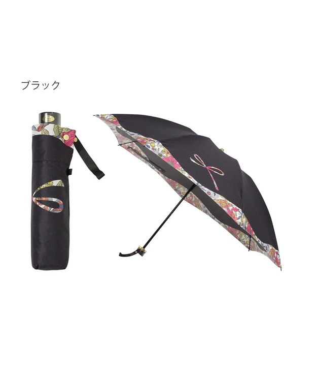 MOONBAT 【簡単開閉】ランバン オン ブルー (LANVIN en Bleu) リボン 花柄 折りたたみ傘 サテンプリント ブラック