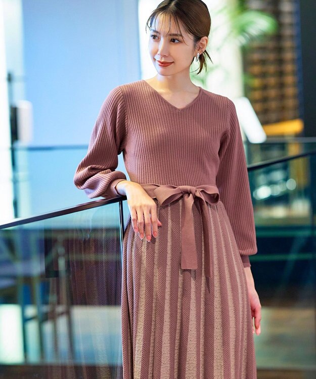 Tiaclasse 【洗える】レース編みニットフレアワンピース ピンク