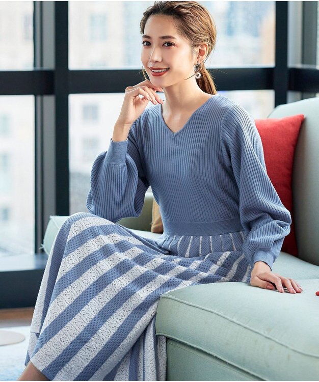 Tiaclasse 【洗える】レース編みニットフレアワンピース サックス